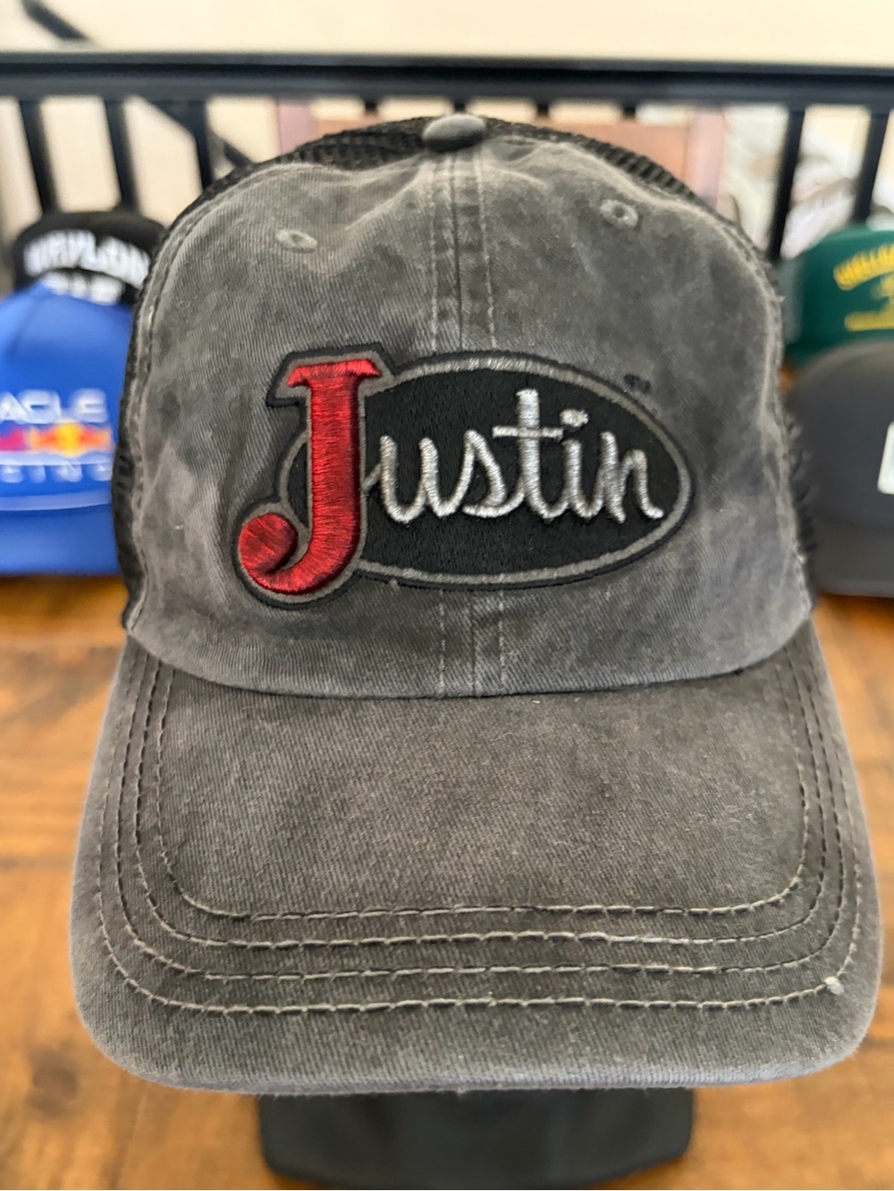 Justin Boots Gray Washed Cotton Baseball Cap with Red Embroidered J